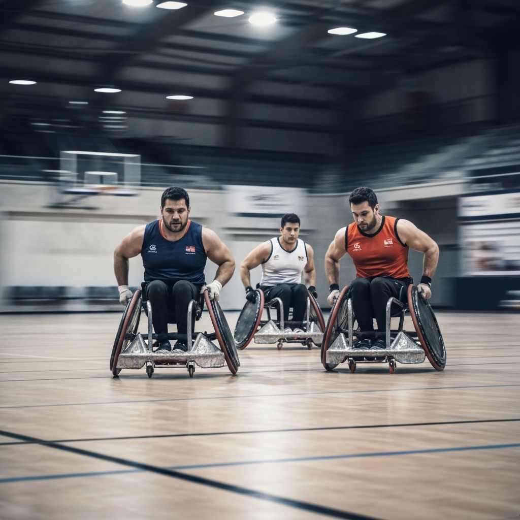 Wheelchair athletes competing in an indoor arena